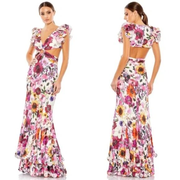 Mac Duggal 68107 Womens Size 10 Floral‎ Print Ruffle Cut Out Gown Maxi Dress - Picture 4 of 6